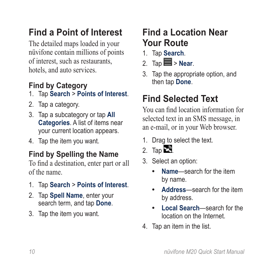 Find a point of interest, Find by category, Find by spelling the name | Find a location near your route, Find selected text | Graco NVIFONE M20 User Manual | Page 10 / 28