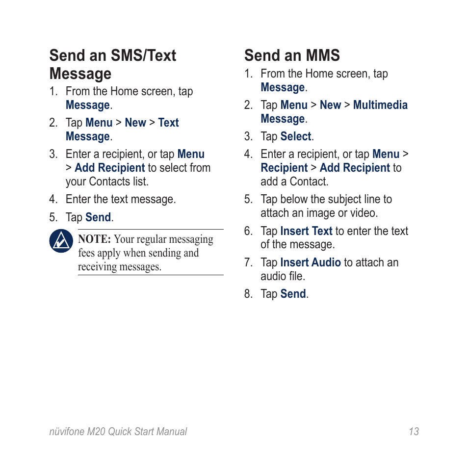 Send an sms/text message, Send an mms | Graco NVIFONE M20 User Manual | Page 13 / 28