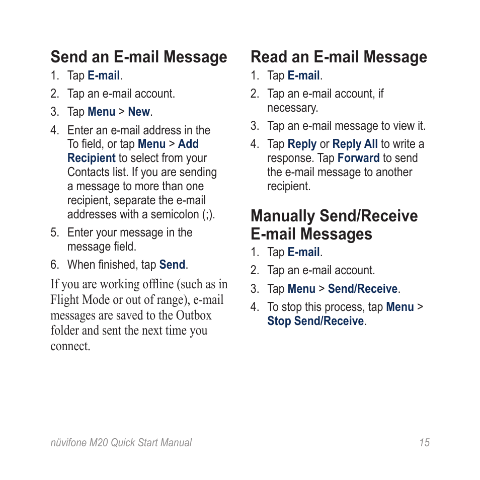 Send an e-mail message, Read an e-mail message, Manually send/receive e-mail messages | Graco NVIFONE M20 User Manual | Page 15 / 28