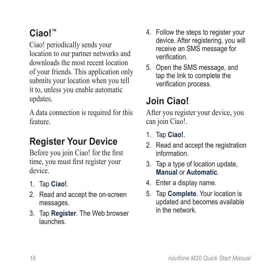 Ciao, Register your device, Join ciao | Graco NVIFONE M20 User Manual | Page 16 / 28