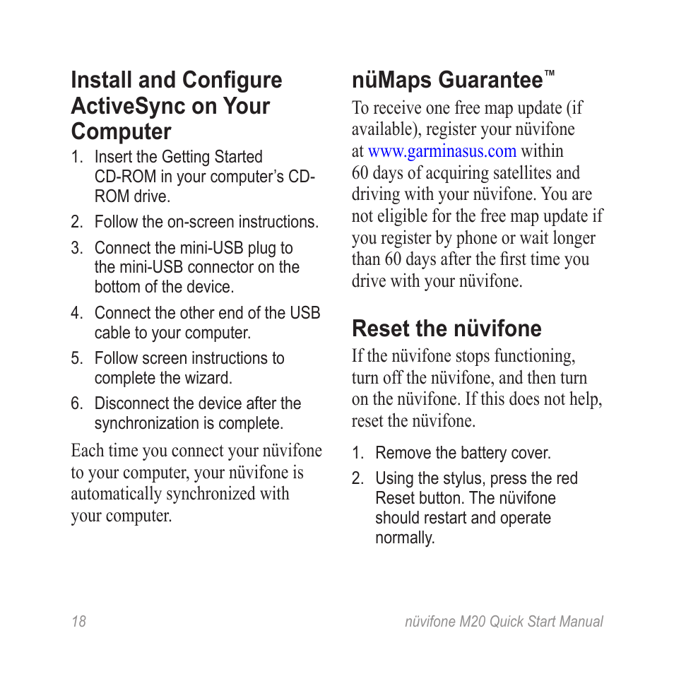 Install and configure activesync on your computer, Nümaps guarantee, Reset the nüvifone | Graco NVIFONE M20 User Manual | Page 18 / 28