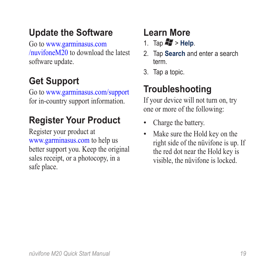 Update the software, Get support, Register your product | Learn more, Troubleshooting | Graco NVIFONE M20 User Manual | Page 19 / 28