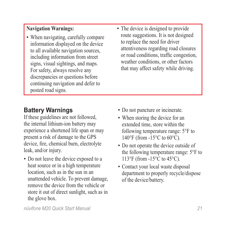 Battery warnings | Graco NVIFONE M20 User Manual | Page 21 / 28