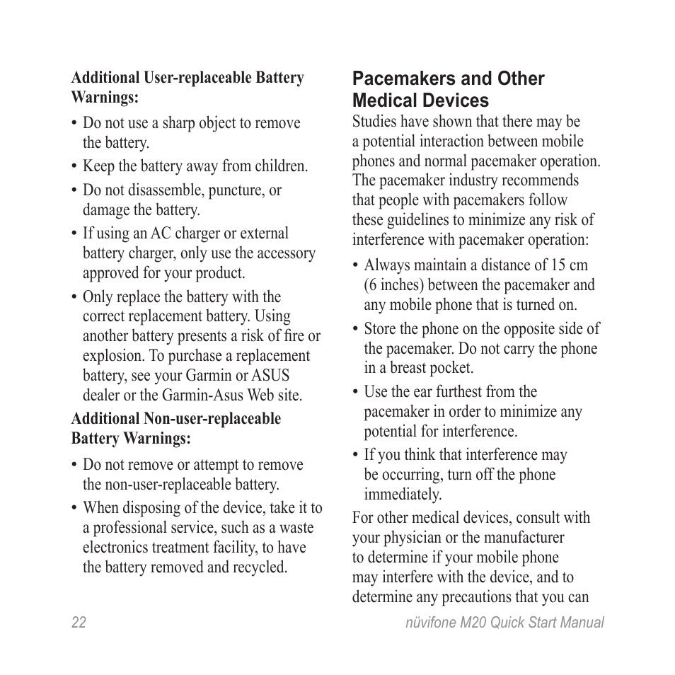 Pacemakers and other medical devices | Graco NVIFONE M20 User Manual | Page 22 / 28