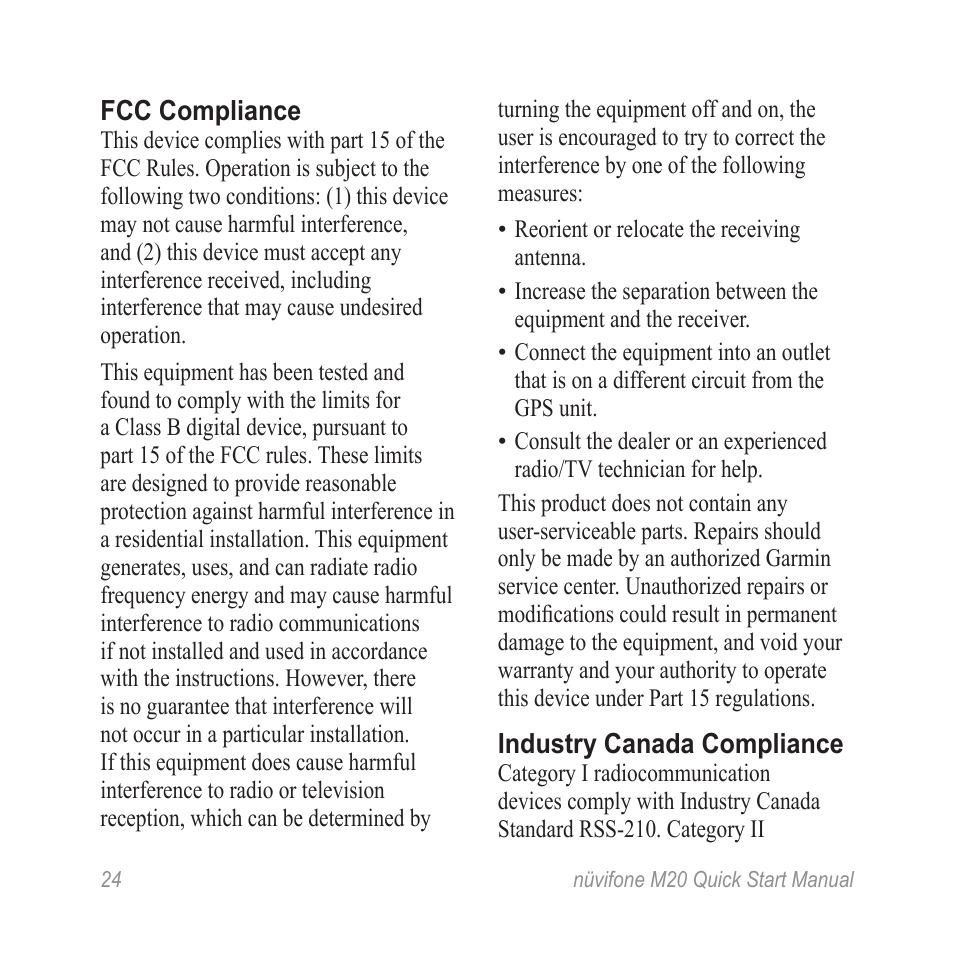Fcc compliance, Industry canada compliance | Graco NVIFONE M20 User Manual | Page 24 / 28