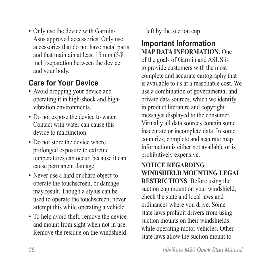 Care for your device, Important information | Graco NVIFONE M20 User Manual | Page 26 / 28