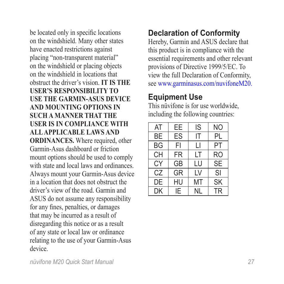 Declaration of conformity, Equipment use | Graco NVIFONE M20 User Manual | Page 27 / 28