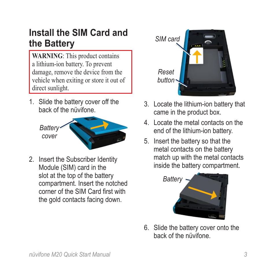 Install the sim card and the battery | Graco NVIFONE M20 User Manual | Page 3 / 28