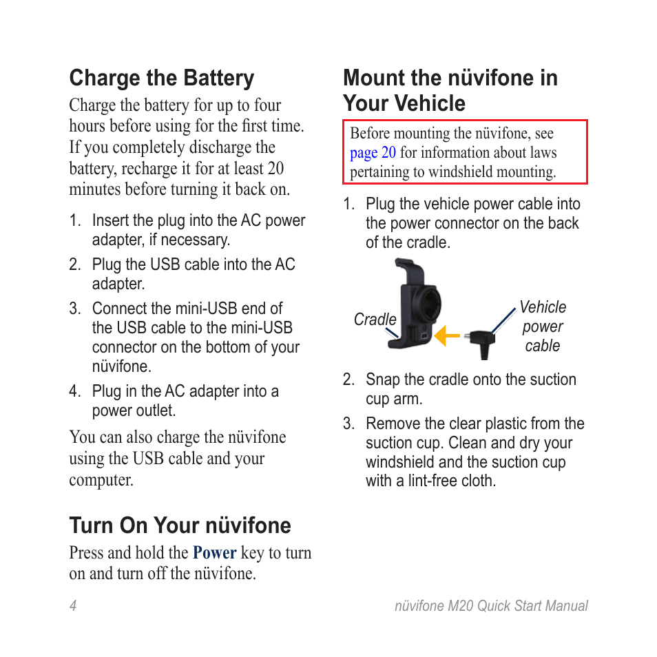 Charge the battery, Turn on your nüvifone, Mount the nüvifone in your vehicle | Graco NVIFONE M20 User Manual | Page 4 / 28