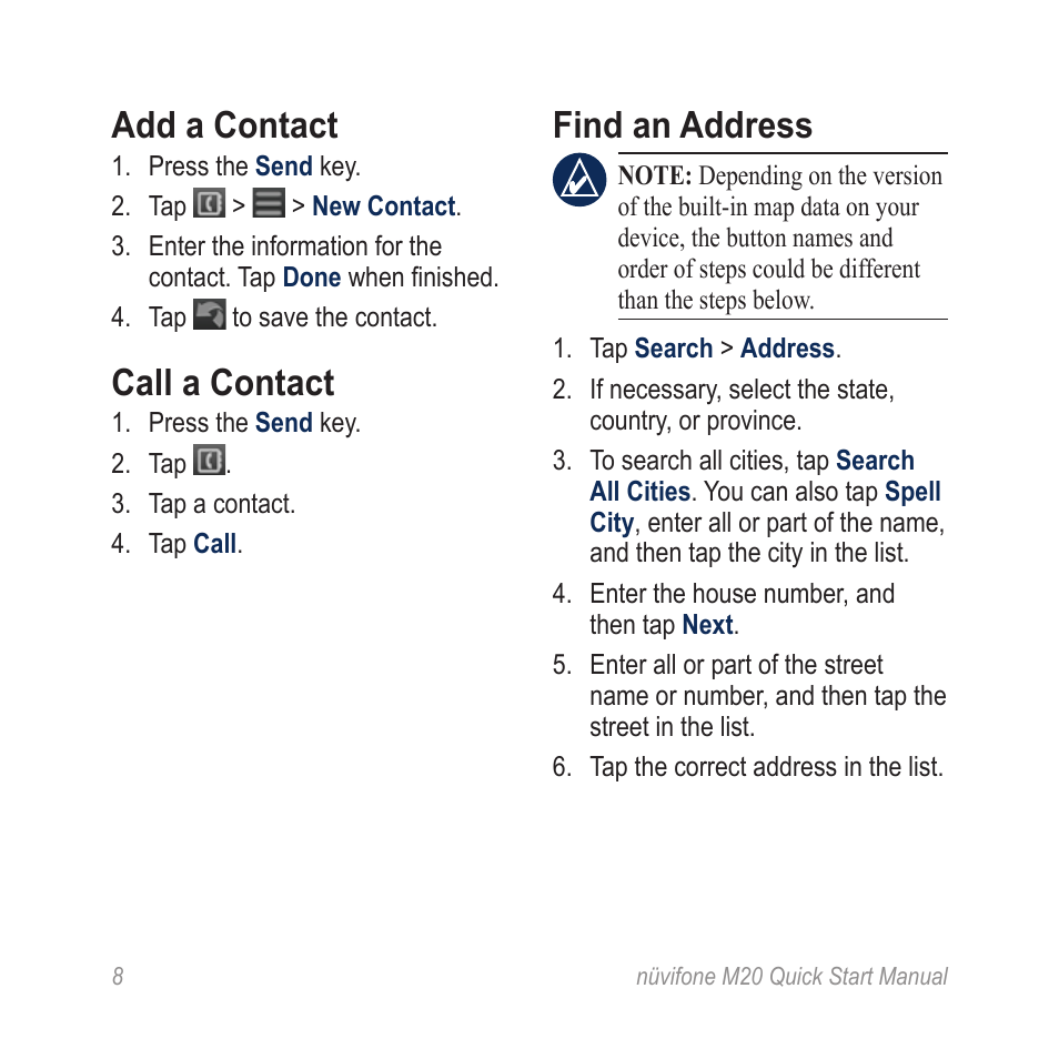 Add a contact, Call a contact, Find an address | Graco NVIFONE M20 User Manual | Page 8 / 28