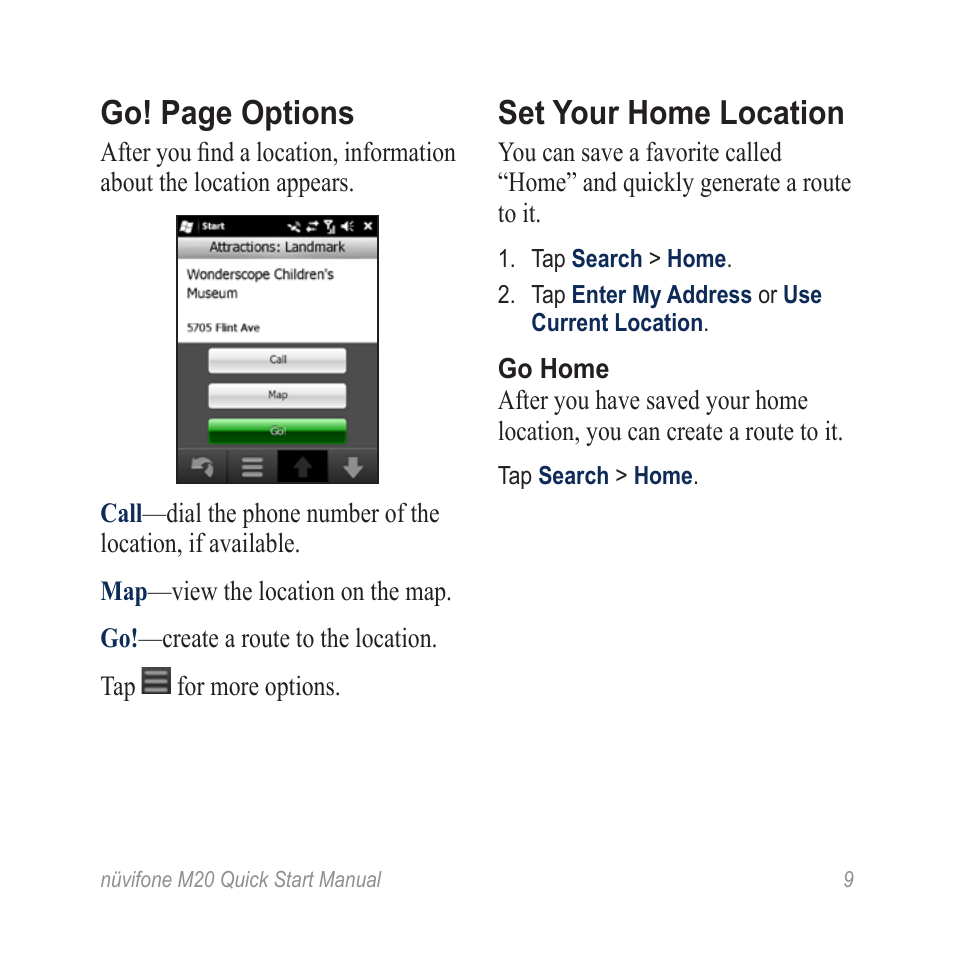 Set your home location, Go home, Go! page options | Graco NVIFONE M20 User Manual | Page 9 / 28