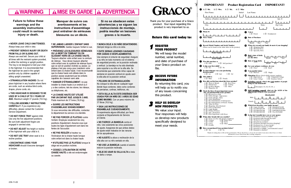 Warning advertencia mise en garde, Bm bl bn bt bu bs br bq bo bp cl cm cn co cp, Return this card today to | Important! product registration card important | Graco 3848 User Manual | Page 19 / 20