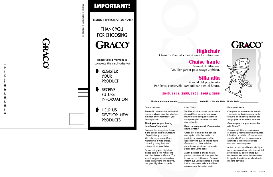 Important, Highchair, Chaise haute | Silla alta, Register, Your, Product, Receive, Future, Information | Graco 3848 User Manual | Page 20 / 20