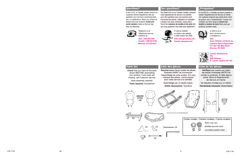 Parts list liste des pièces lista de las piezas, Questions? des questions? ¿preguntas | Graco 3848 User Manual | Page 3 / 20