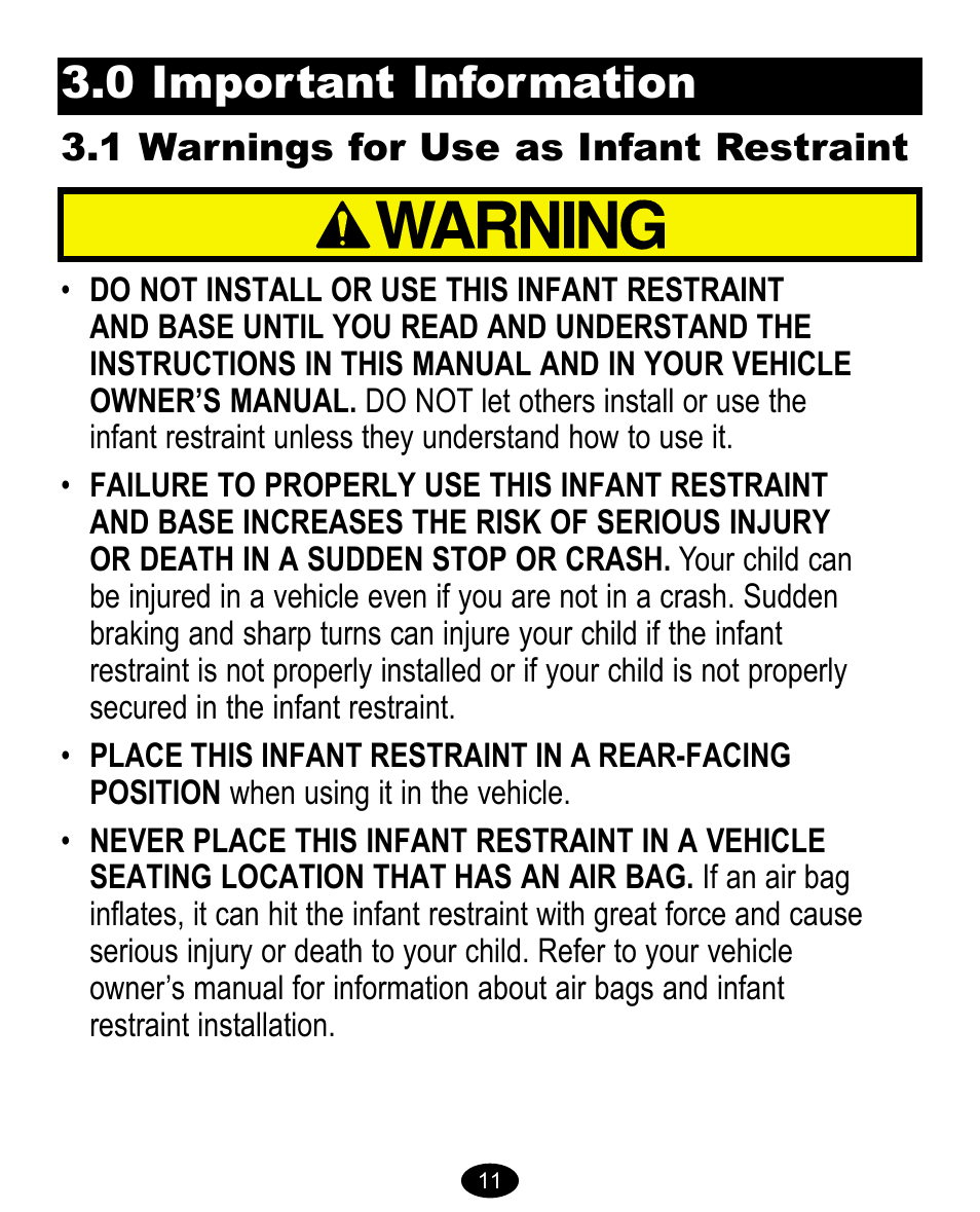 0 important information, 1 warnings for use as infant restraint | Graco 8474 User Manual | Page 11 / 66