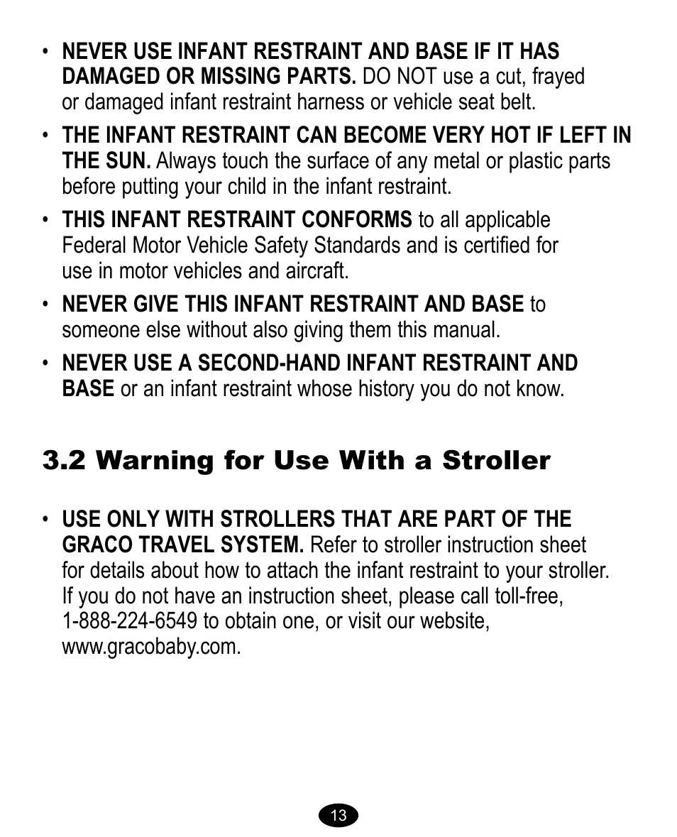 2 warning for use with a stroller | Graco 8474 User Manual | Page 13 / 66