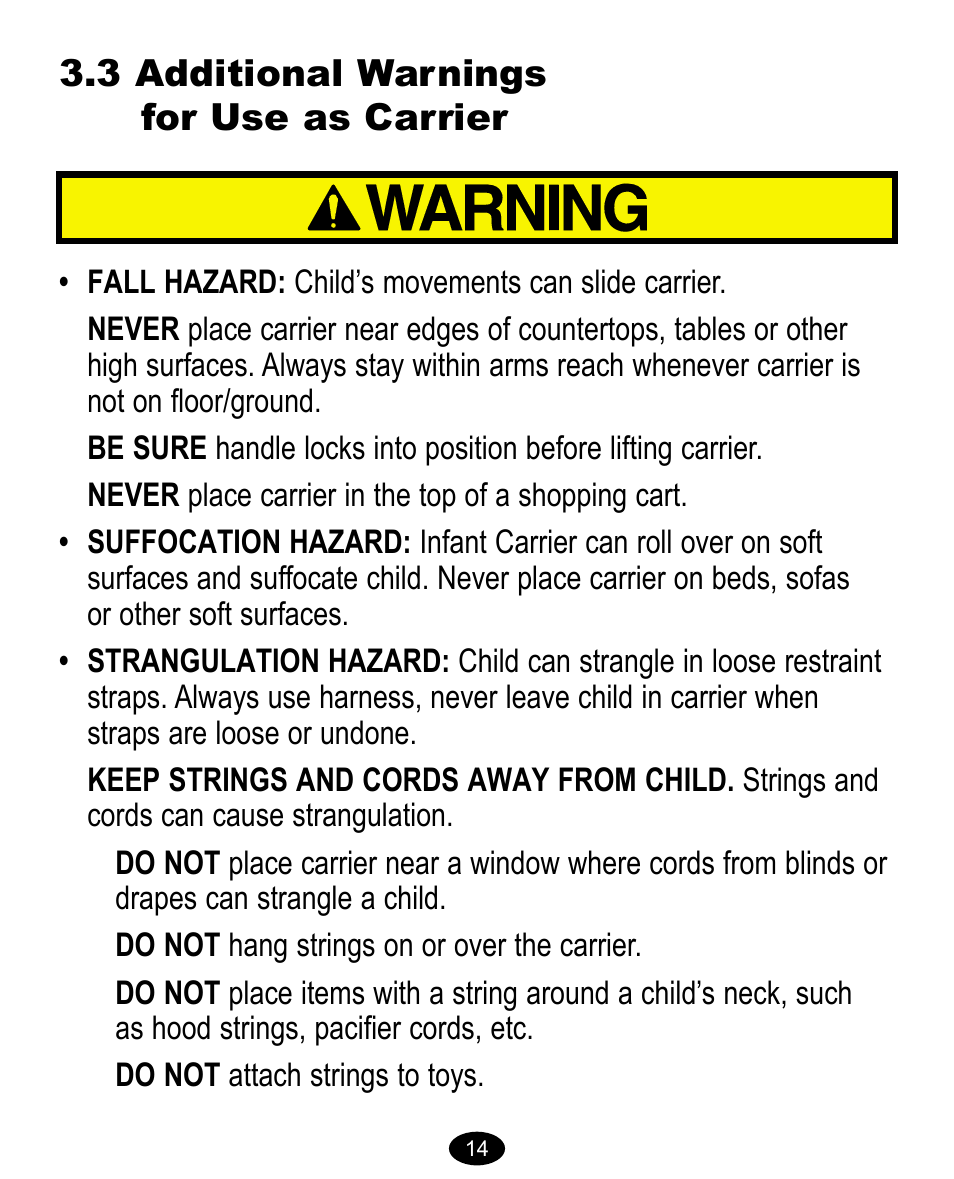 3 additional warnings for use as carrier | Graco 8474 User Manual | Page 14 / 66