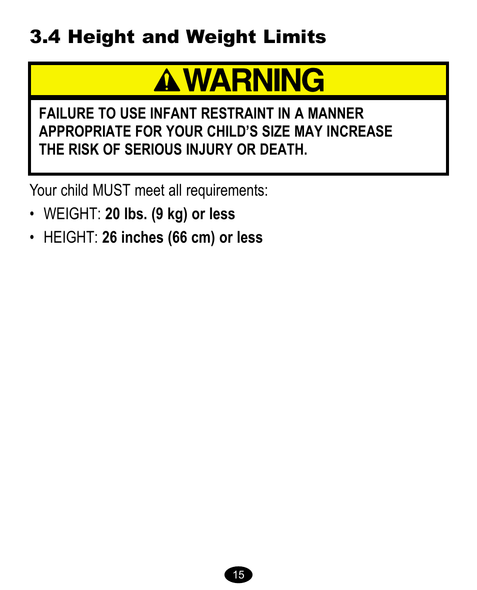 4 height and weight limits | Graco 8474 User Manual | Page 15 / 66