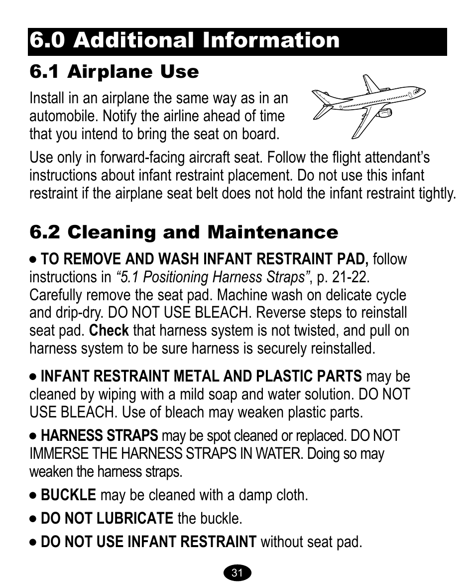 0 additional information, 1 airplane use, 2 cleaning and maintenance | Graco 8474 User Manual | Page 31 / 66