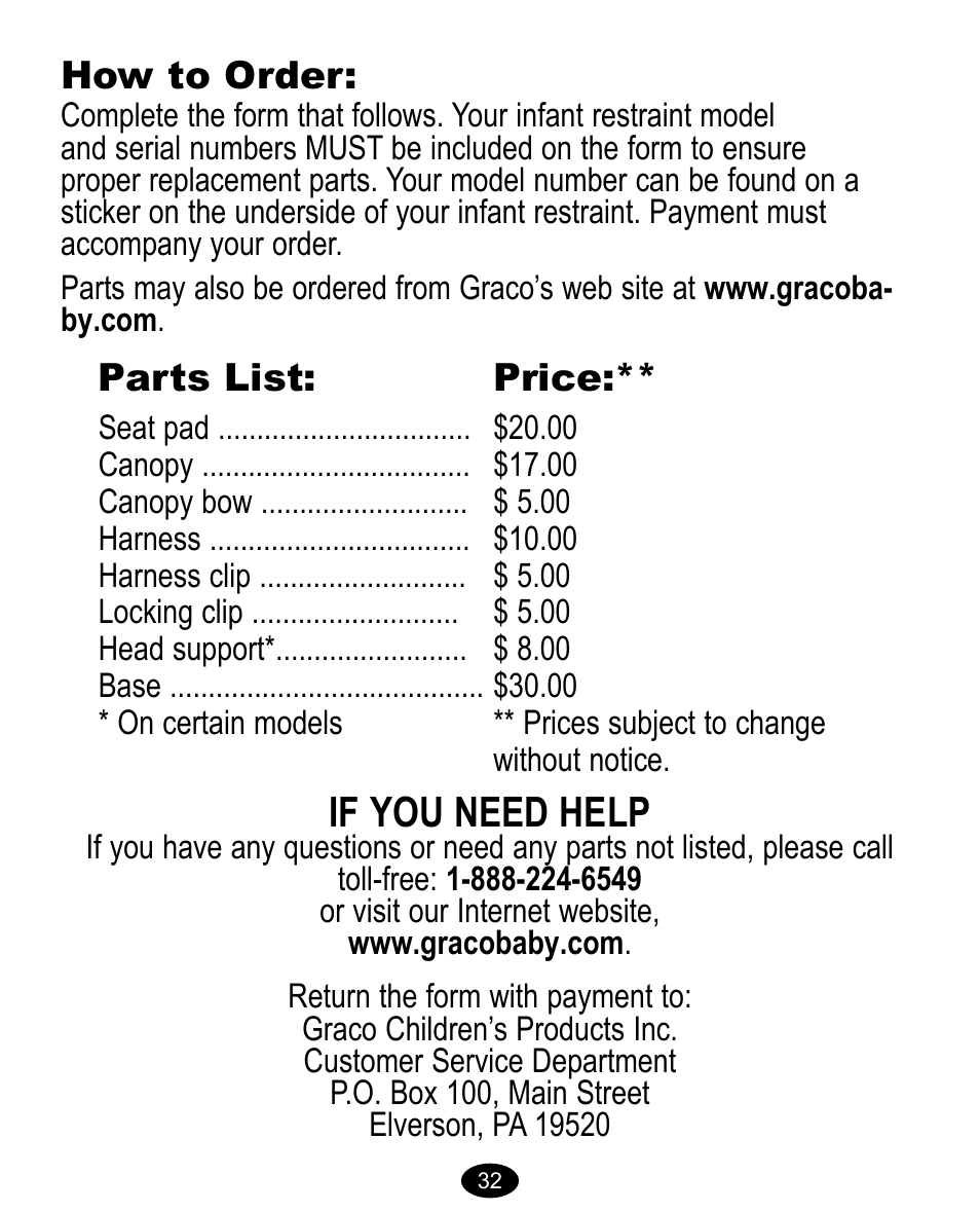 If you need help, How to order, Parts list | Price | Graco 8474 User Manual | Page 32 / 66