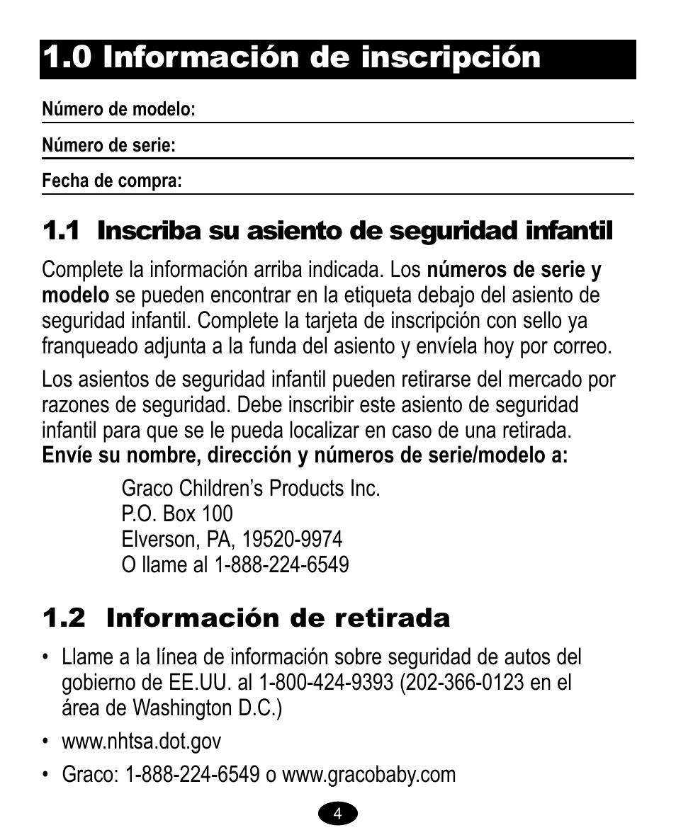 0 información de inscripción, 1 inscriba su asiento de seguridad infantil, 2 información de retirada | Graco 8474 User Manual | Page 37 / 66