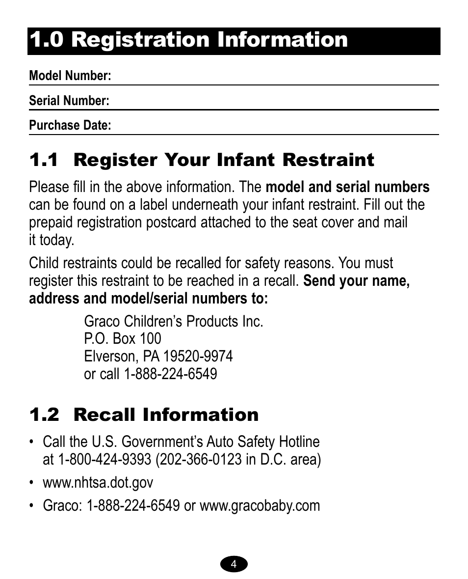 0 registration information, 1 register your infant restraint, 2 recall information | Graco 8474 User Manual | Page 4 / 66