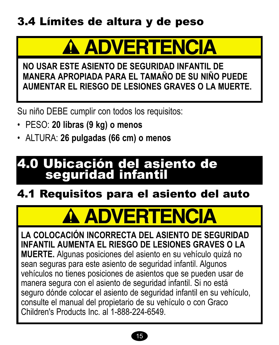 0 ubicación del asiento de seguridad infantil, 1 requisitos para el asiento del auto, 4 límites de altura y de peso | Graco 8474 User Manual | Page 48 / 66