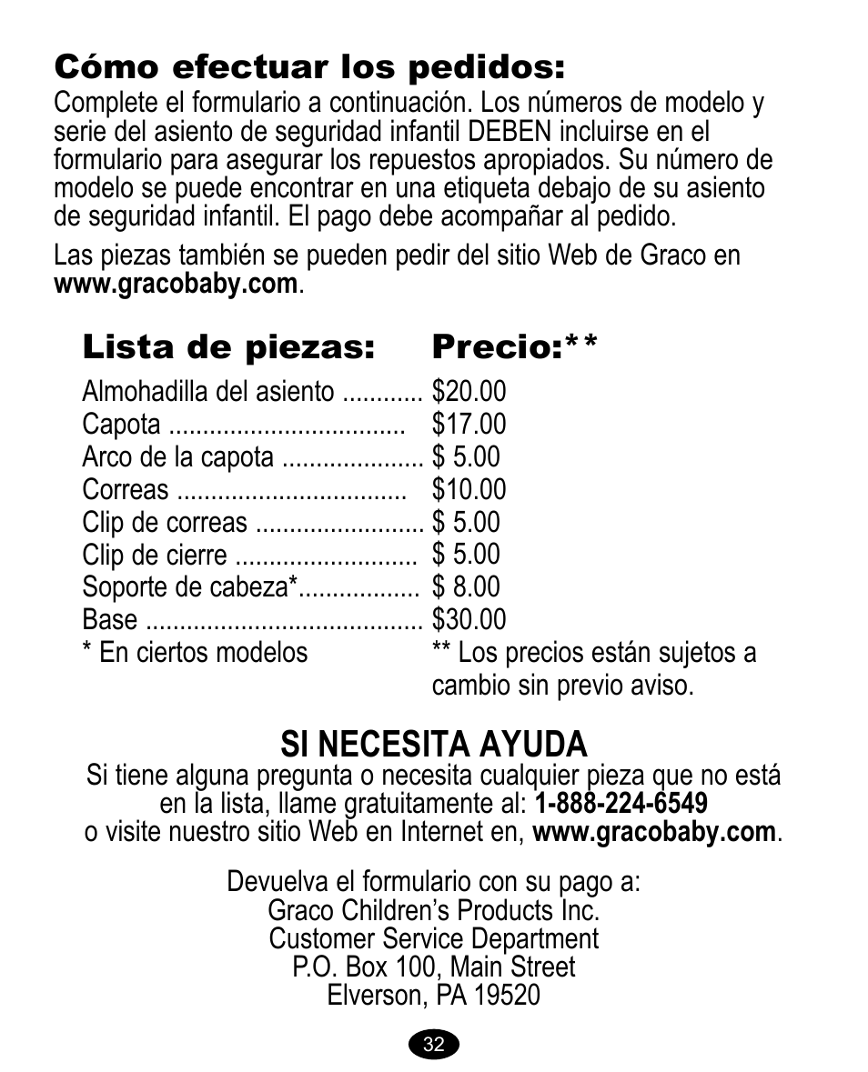 Si necesita ayuda, Cómo efectuar los pedidos, Lista de piezas | Precio | Graco 8474 User Manual | Page 65 / 66