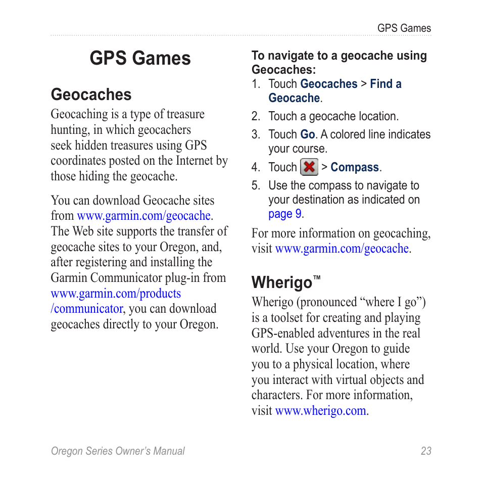 Gps games, Geocaches, Wherigo | Garmin Oregon 450 User Manual | Page 29 / 52