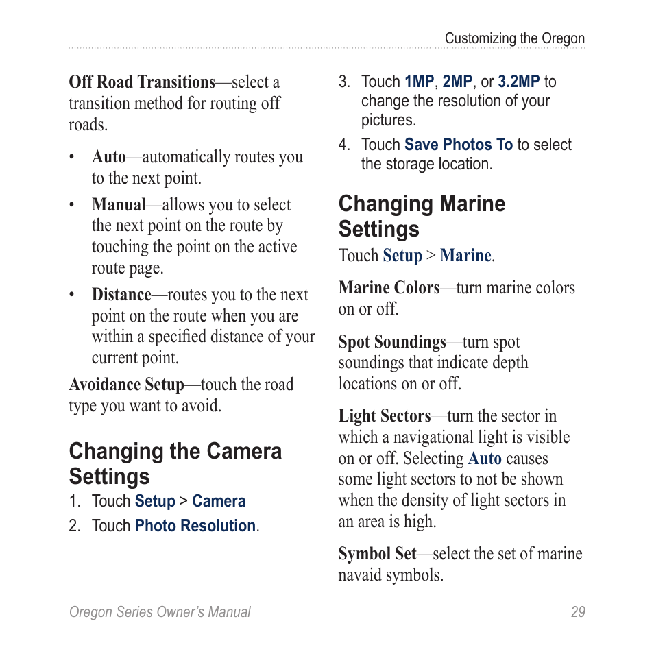 Changing the camera, Settings, Changing marine settings | Changing the camera settings | Garmin Oregon 450 User Manual | Page 35 / 52