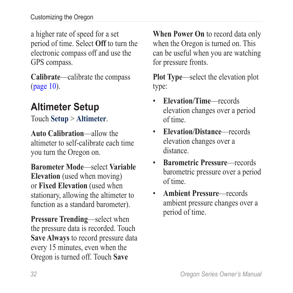 Altimeter setup | Garmin Oregon 450 User Manual | Page 38 / 52