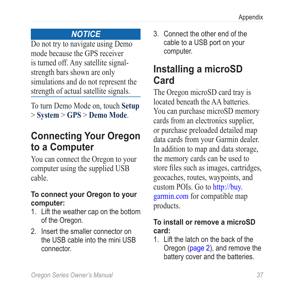 Connecting your oregon to a, Computer, Installing a microsd card | Connecting your oregon to a computer | Garmin Oregon 450 User Manual | Page 43 / 52