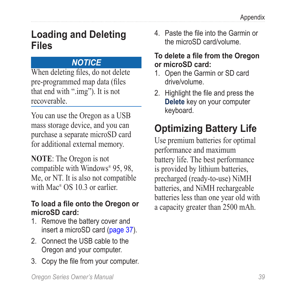 Loading and deleting files, Optimizing battery life, Garmin drive | Garmin Oregon 450 User Manual | Page 45 / 52