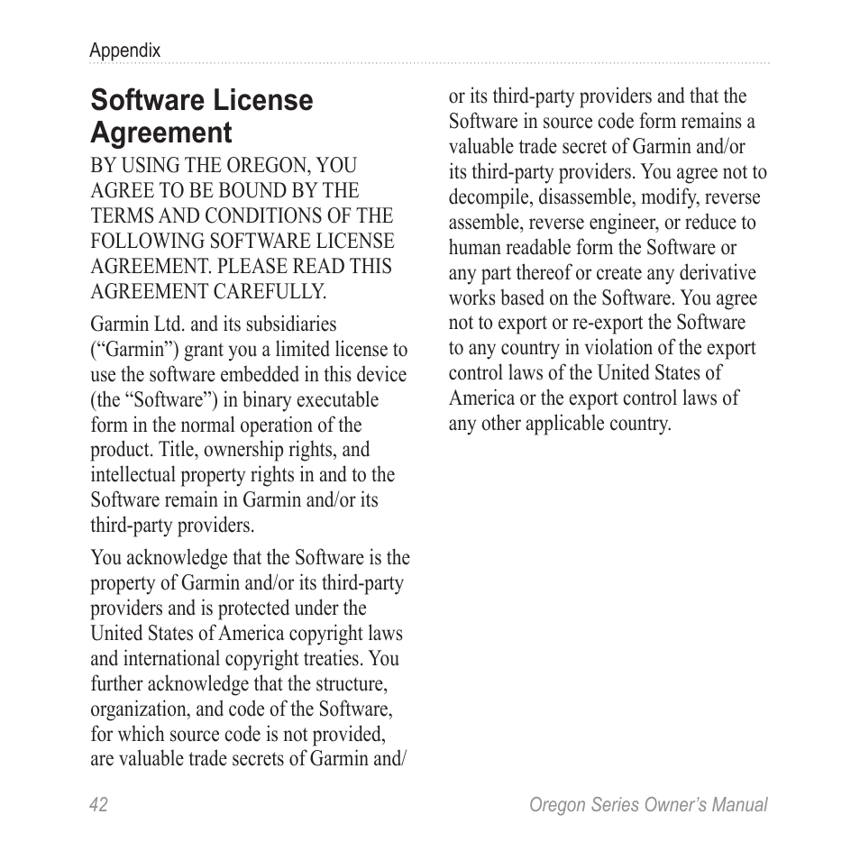 Software license, Agreement, Software license agreement | Garmin Oregon 450 User Manual | Page 48 / 52