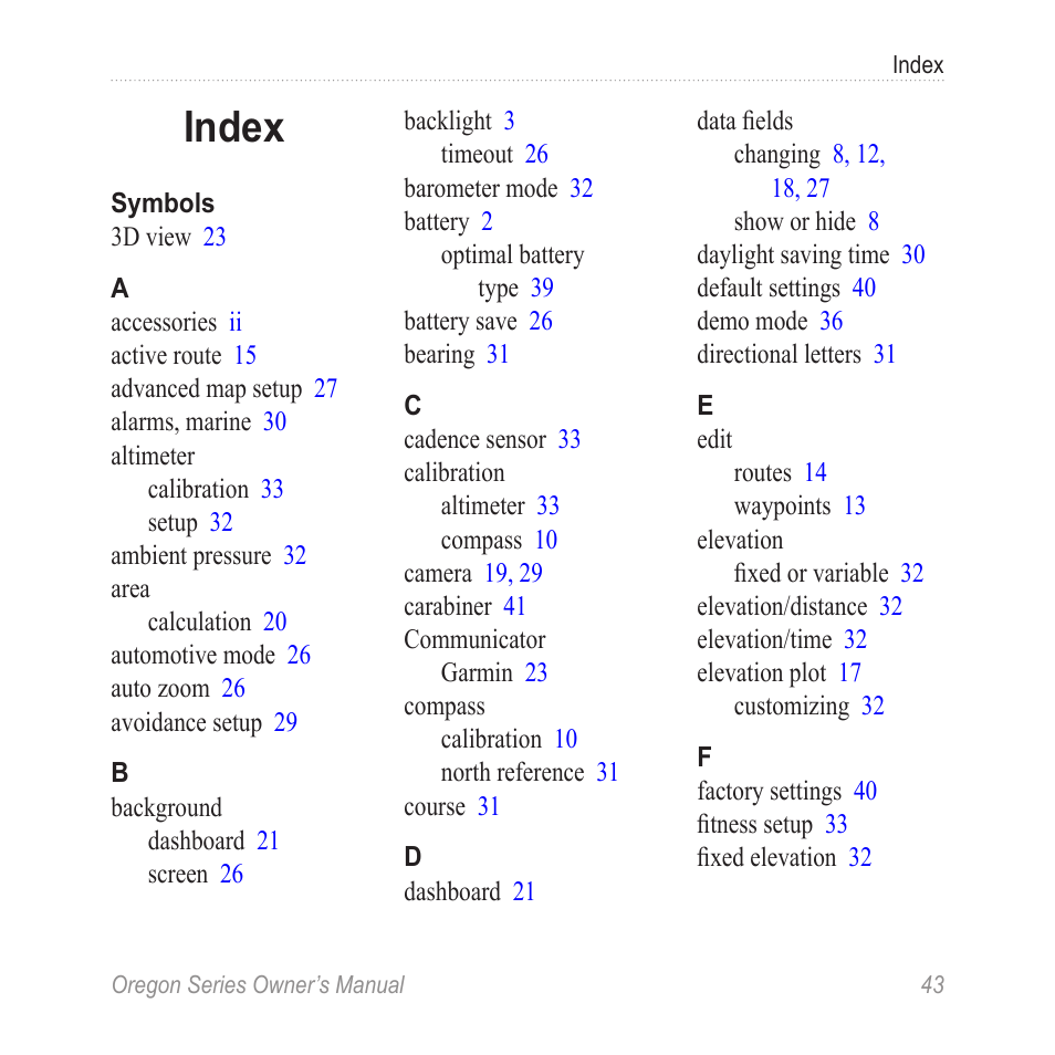 Index | Garmin Oregon 450 User Manual | Page 49 / 52