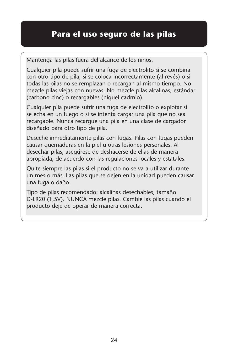 Para el uso seguro de las pilas | Graco Silhouette Swing User Manual | Page 24 / 44