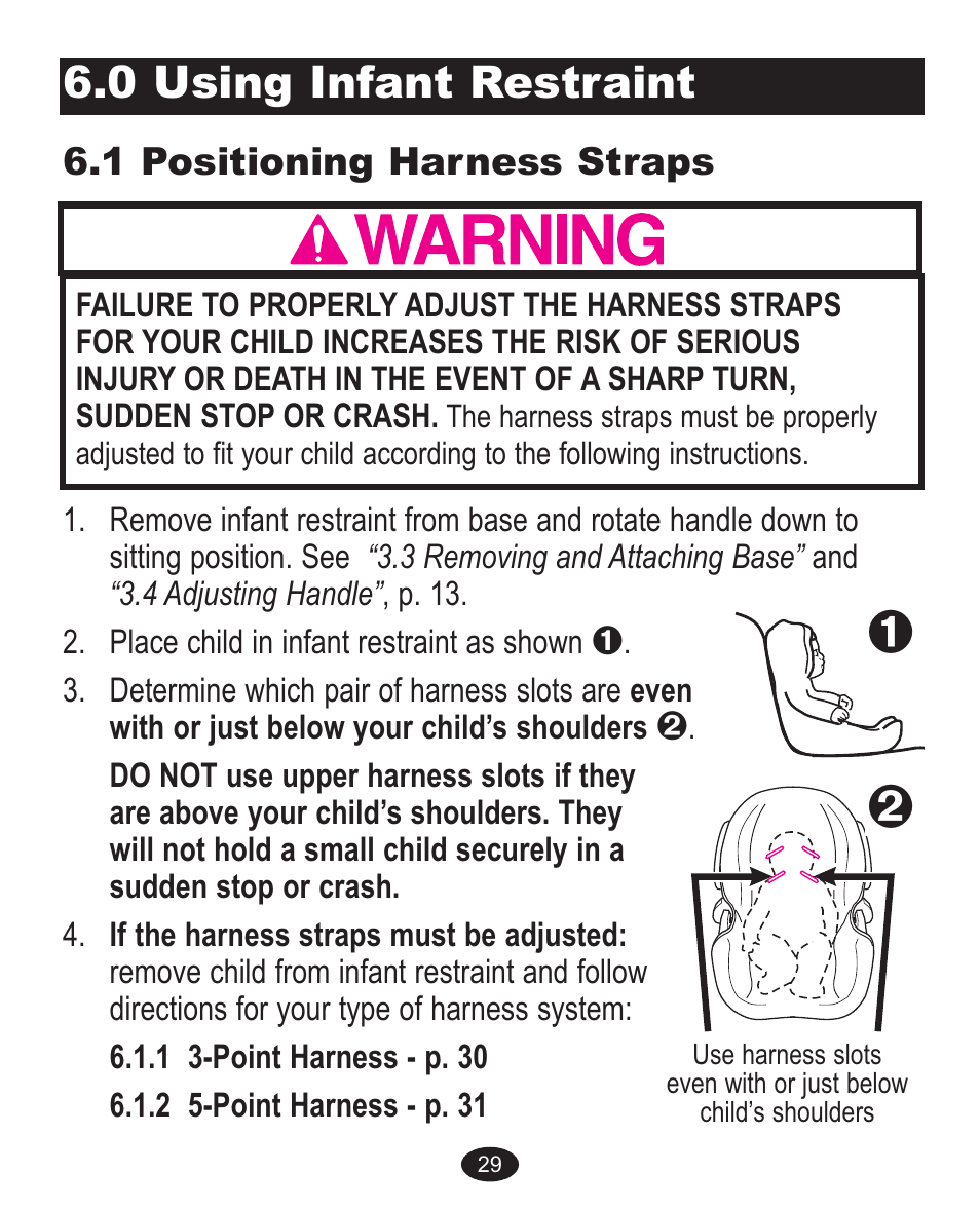 0 using infant restraint, 1 positioning harness straps | Graco ISPA237AA User Manual | Page 69 / 136