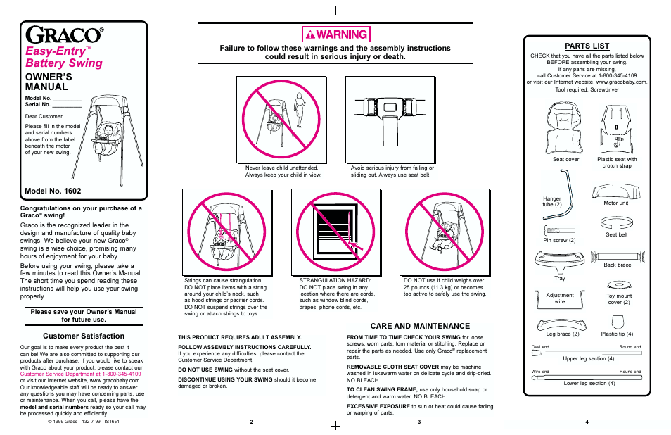 Easy-entry, Battery swing, Owners manual | Care and maintenance, Customer satisfaction, Model no. 1602, Parts list | Graco 1602 User Manual | Page 2 / 7