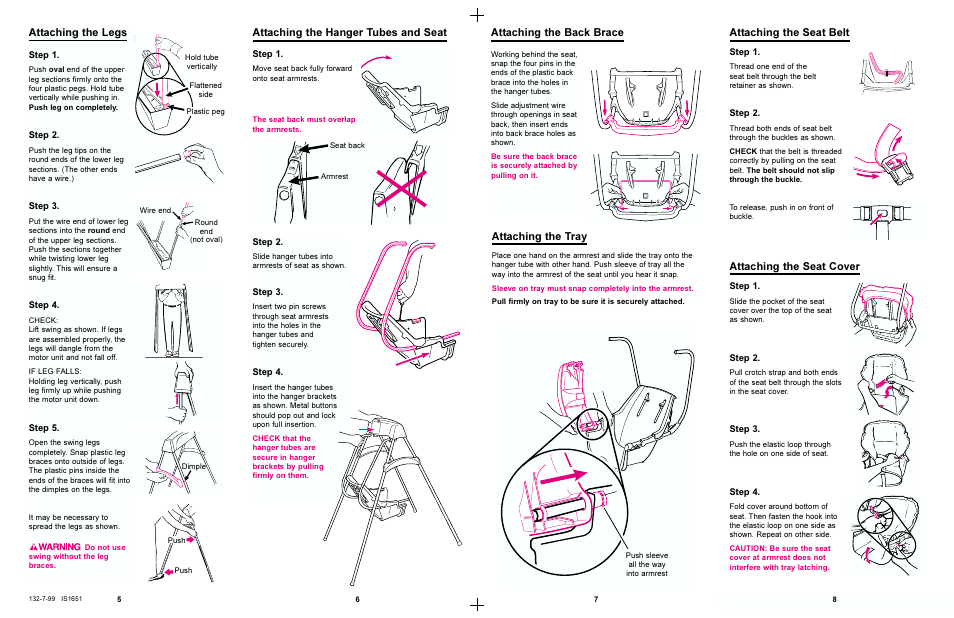 Attaching the hanger tubes and seat, Attaching the back brace attaching the seat belt, Attaching the seat cover | Attaching the legs, Attaching the tray | Graco 1602 User Manual | Page 3 / 7