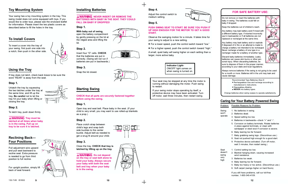 Installing batteries, Using the tray, Reclining back four positions | Caring for your battery powered swing, Toy mounting system, Starting swing | Graco 1602 User Manual | Page 5 / 7