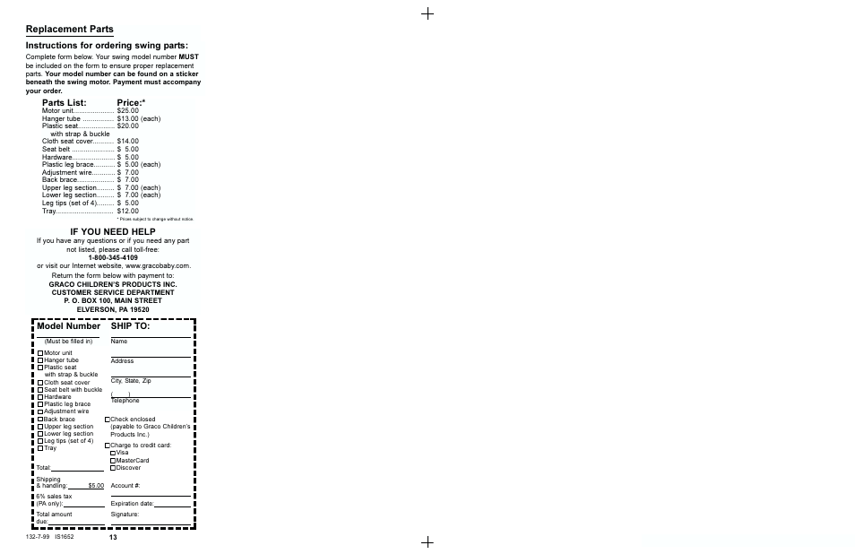 Replacement parts, Instructions for ordering swing parts, If you need help | Model number, Ship to, Parts list, Price | Graco 1602 User Manual | Page 7 / 7