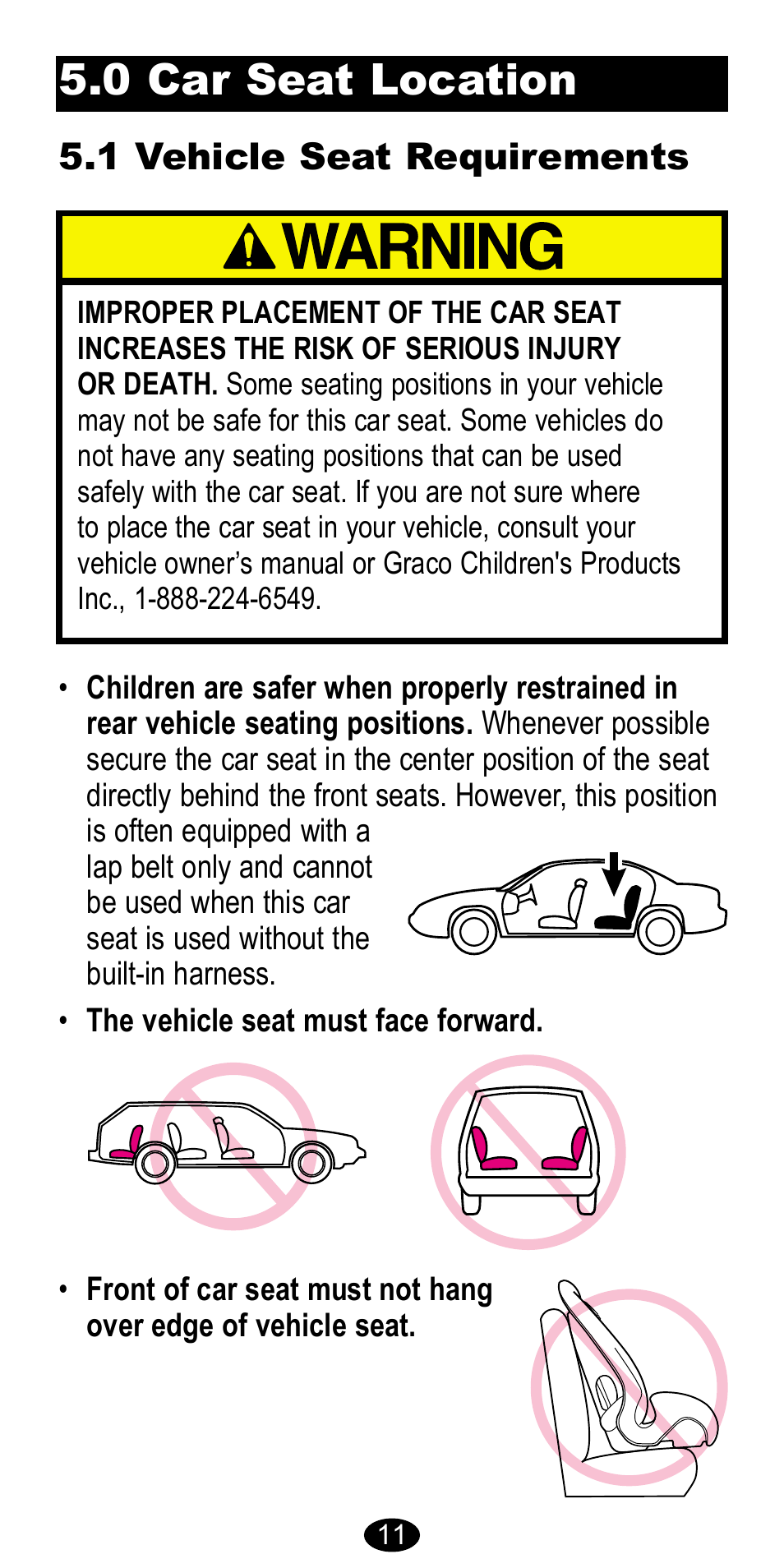 0 car seat location, 1 vehicle seat requirements | Graco CarGo 8485 User Manual | Page 11 / 68