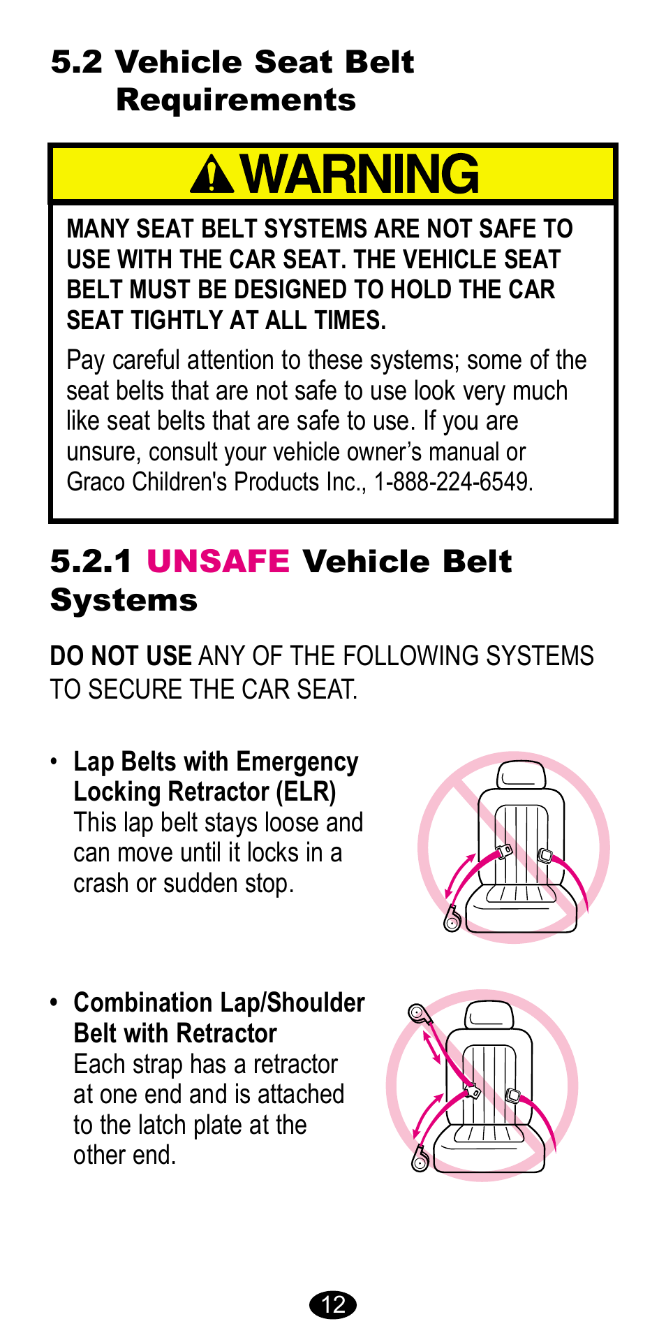 2 vehicle seat belt requirements, 1 unsafe vehicle belt systems | Graco CarGo 8485 User Manual | Page 12 / 68