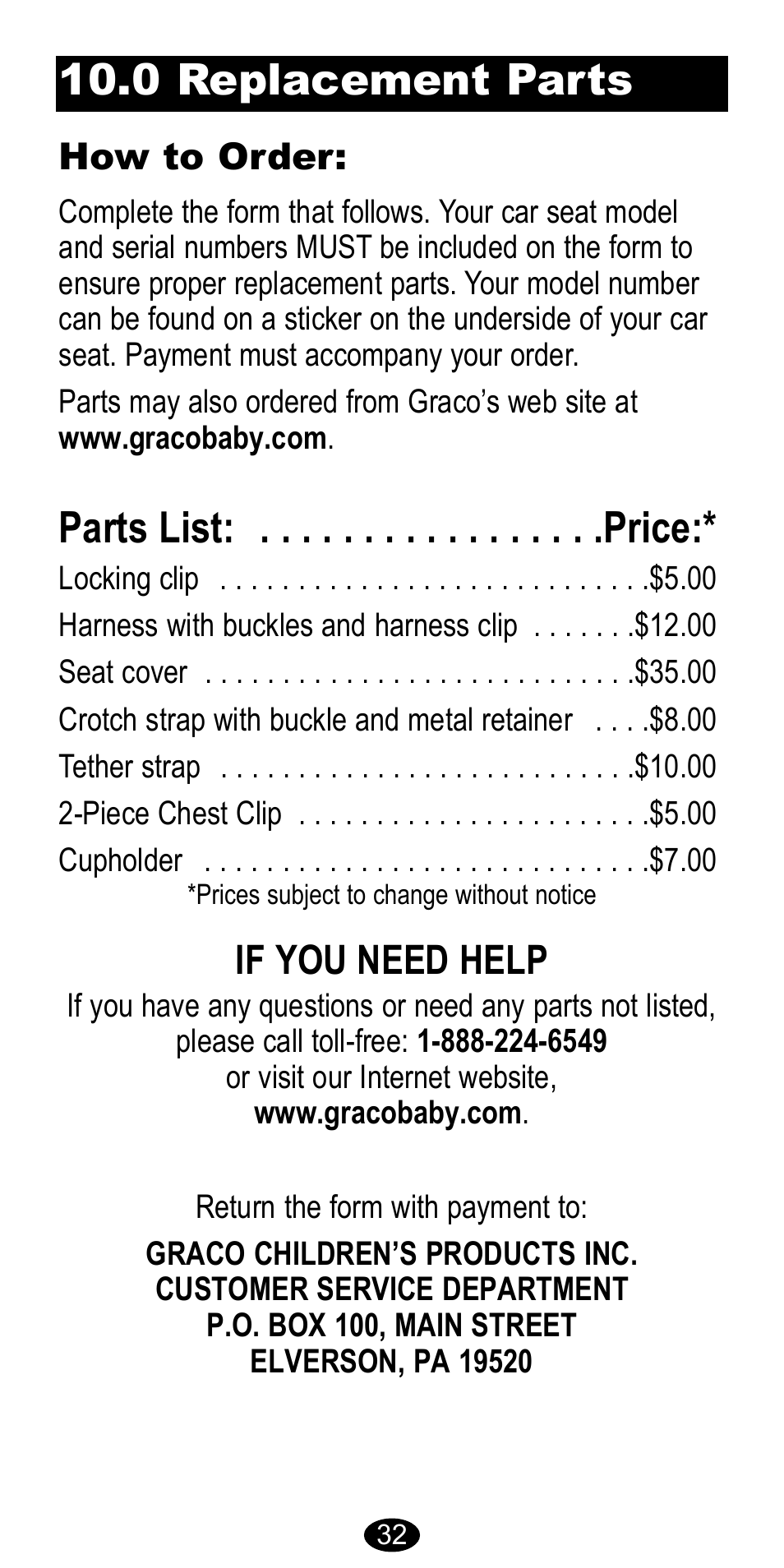 Parts list: . . . . . . . . . . . . . . . . .price, 0 replacement parts, If you need help | How to order | Graco CarGo 8485 User Manual | Page 32 / 68
