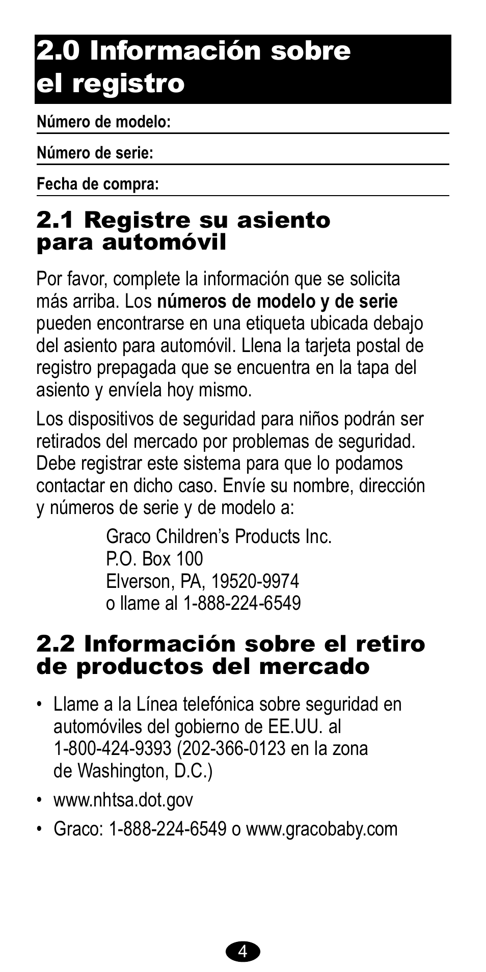0 información sobre el registro | Graco CarGo 8485 User Manual | Page 38 / 68