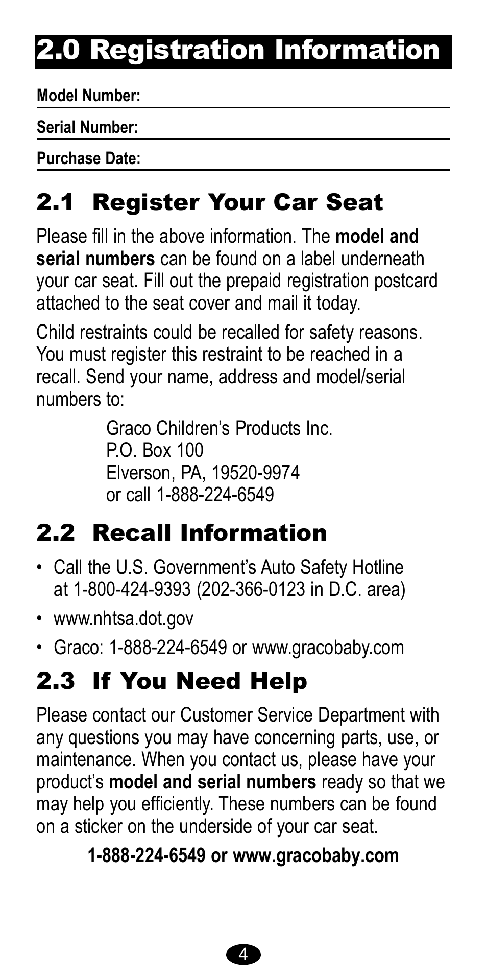 0 registration information, 1 register your car seat 2.3 if you need help, 2 recall information | Graco CarGo 8485 User Manual | Page 4 / 68