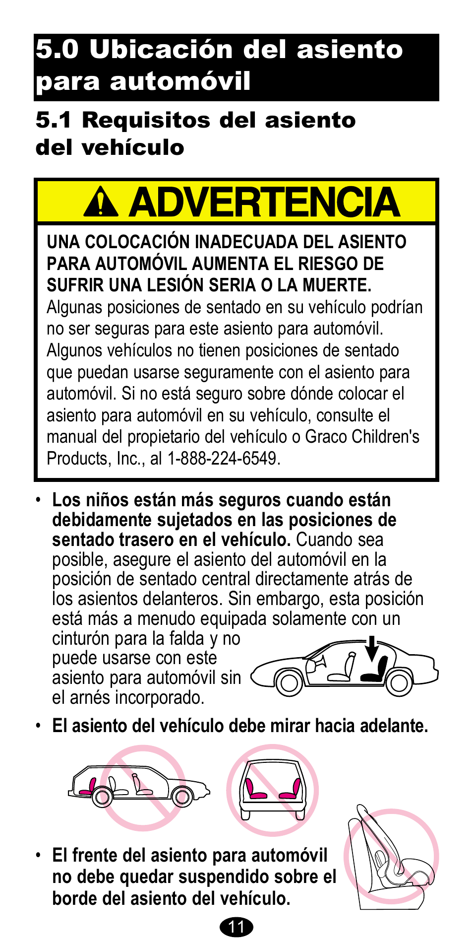 0 ubicación del asiento para automóvil, 1 requisitos del asiento del vehículo | Graco CarGo 8485 User Manual | Page 45 / 68