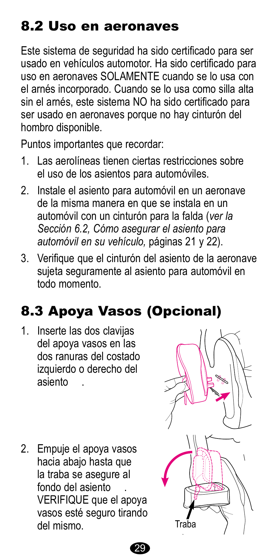 2 uso en aeronaves 8.3 apoya vasos (opcional) | Graco CarGo 8485 User Manual | Page 63 / 68