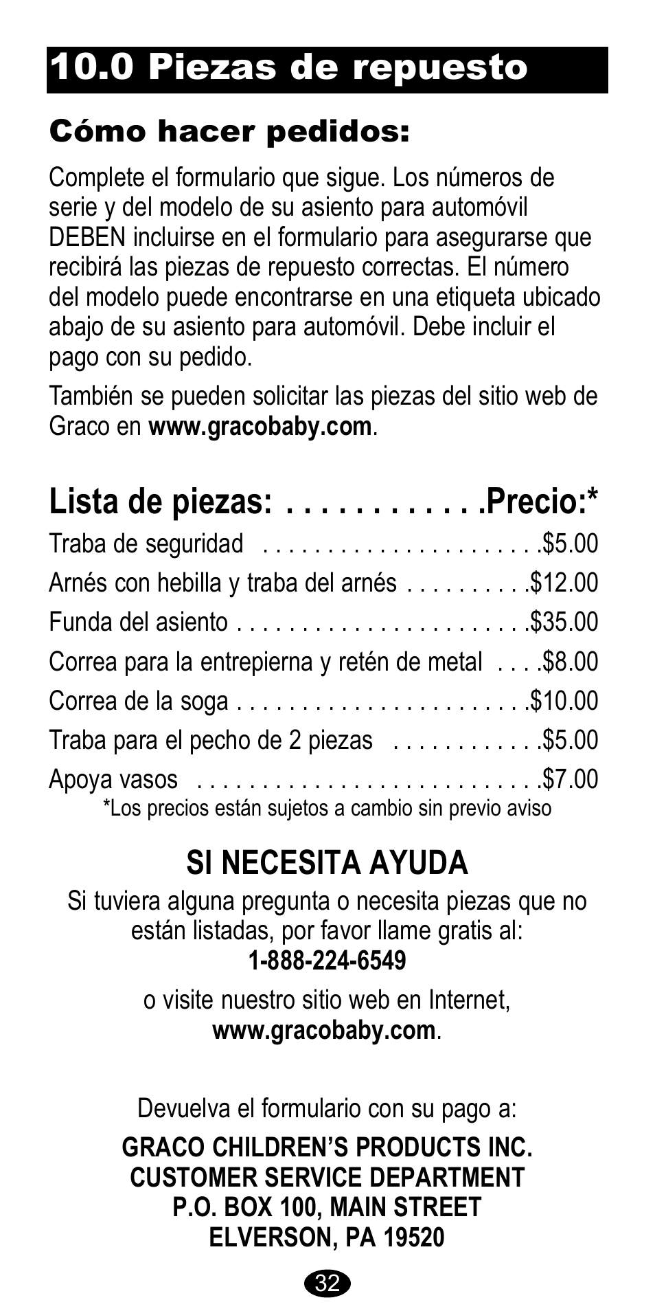 Lista de piezas: . . . . . . . . . . . .precio, 0 piezas de repuesto, Si necesita ayuda | Cómo hacer pedidos | Graco CarGo 8485 User Manual | Page 66 / 68