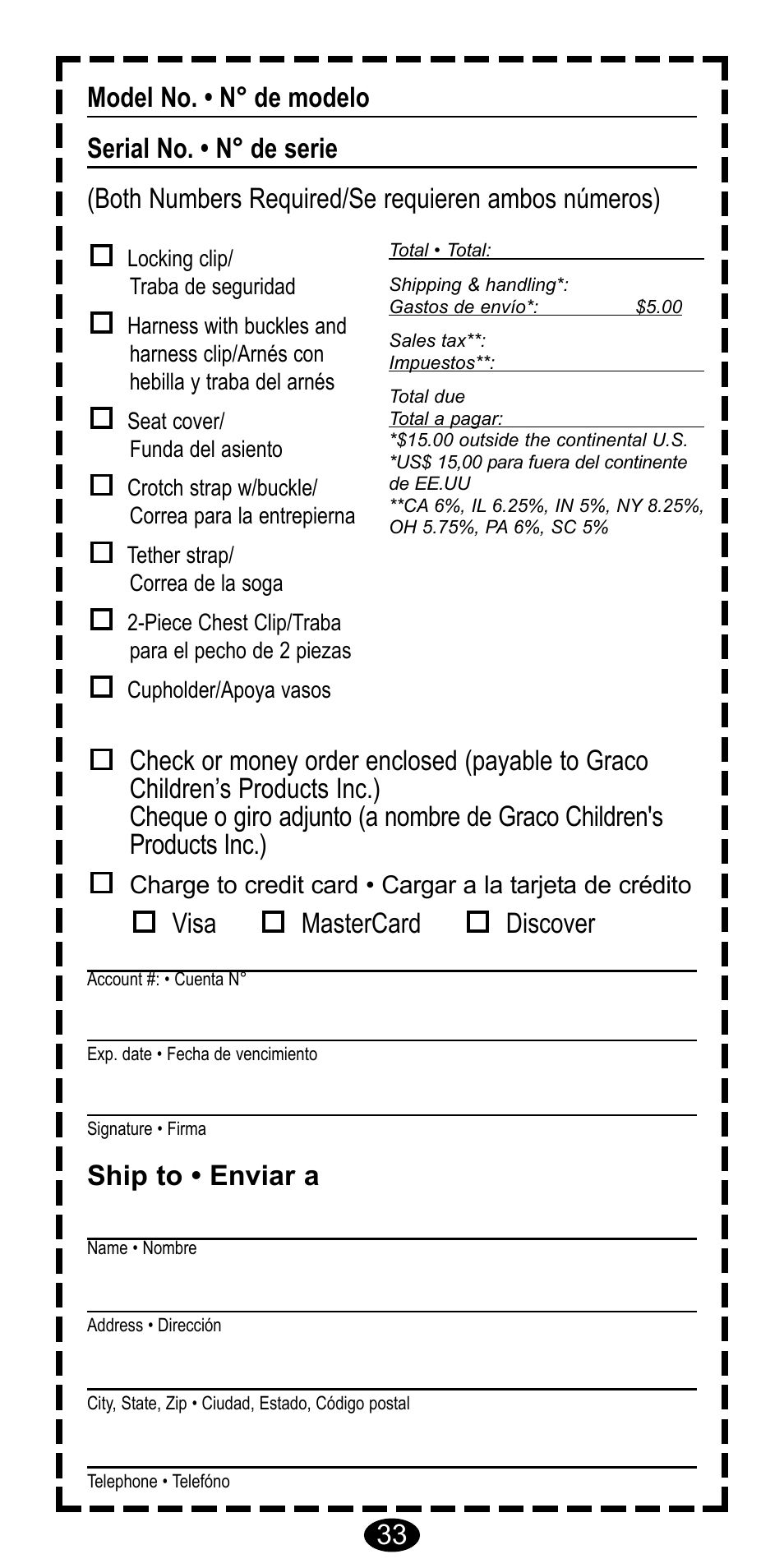 Visa mastercard discover, Ship to • enviar a | Graco CarGo 8485 User Manual | Page 67 / 68